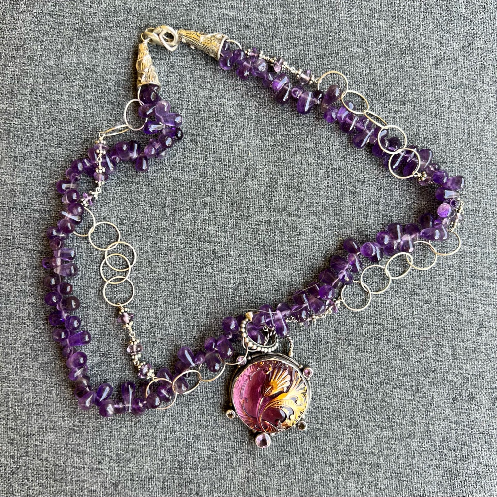 Mars And Valentine Echo Of The Dreamer Amethyst Necklace W Gold Floral Pendant